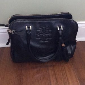 A Tory Burch Thea Leather Zip Satchel Bag, Black